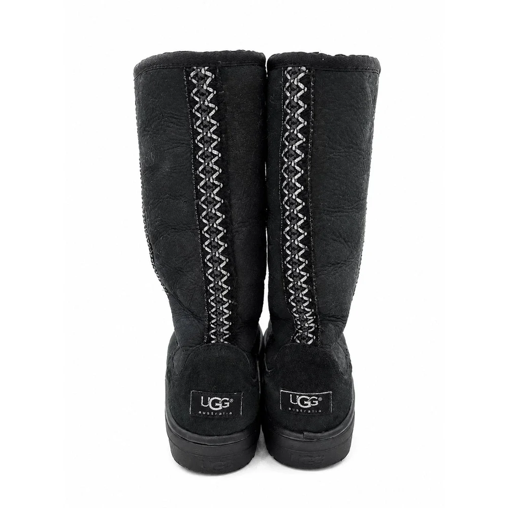 UGG Black Suede Tall Sheepskin Boots Embroidered Western Boho Apres Women 8